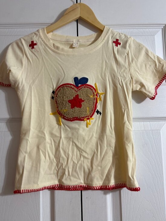 Tops - Y2K Vintage Cream T-Shirt – Size S, Embroidered Heart & Cross, Red Trim